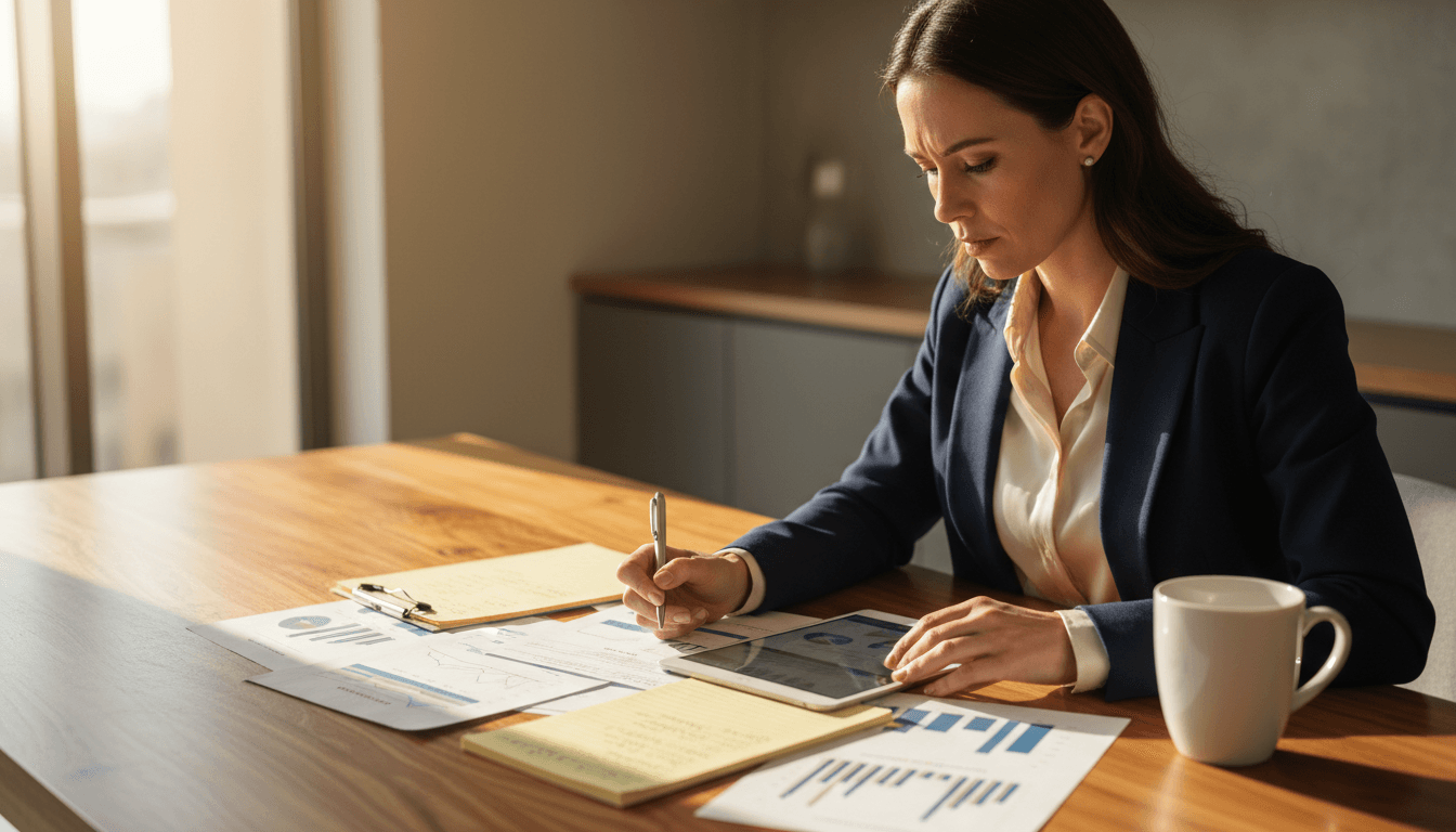 Female executive reviewing strategic financial plans at desk with natural morning light