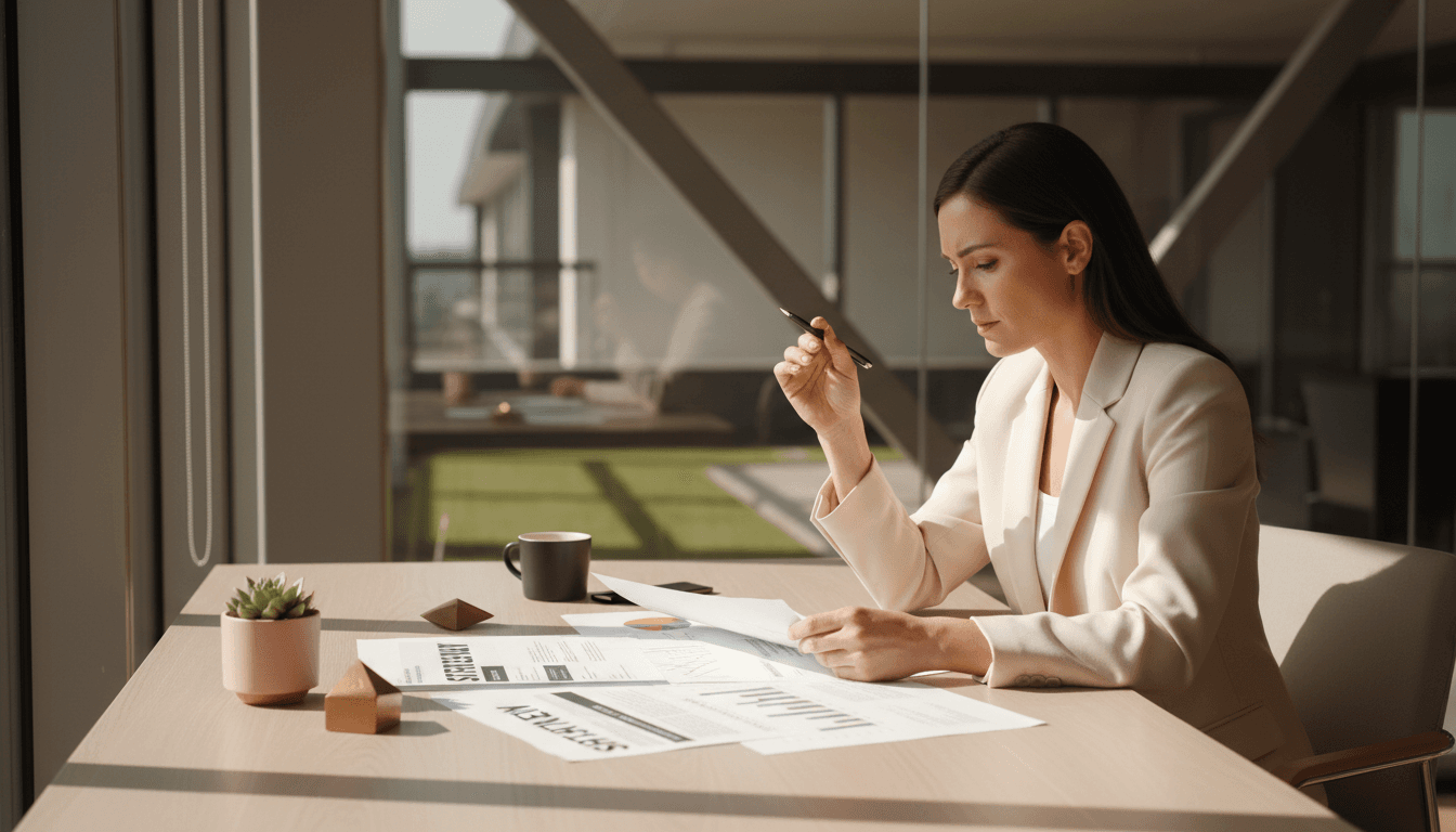 Leader reviewing strategic documents with focused intent in a modern Sydney workspace