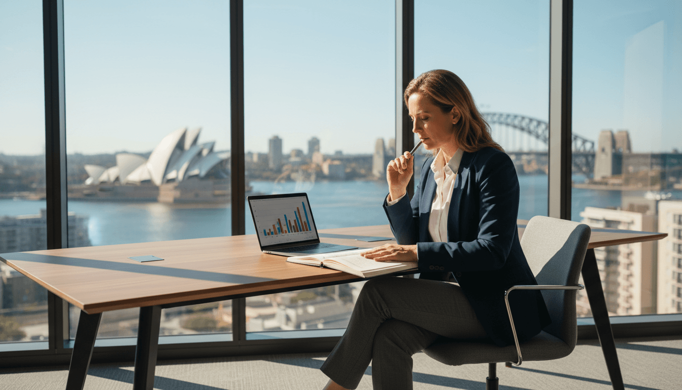 Business leader reviewing strategic plans at a modern desk with Sydney skyline in background