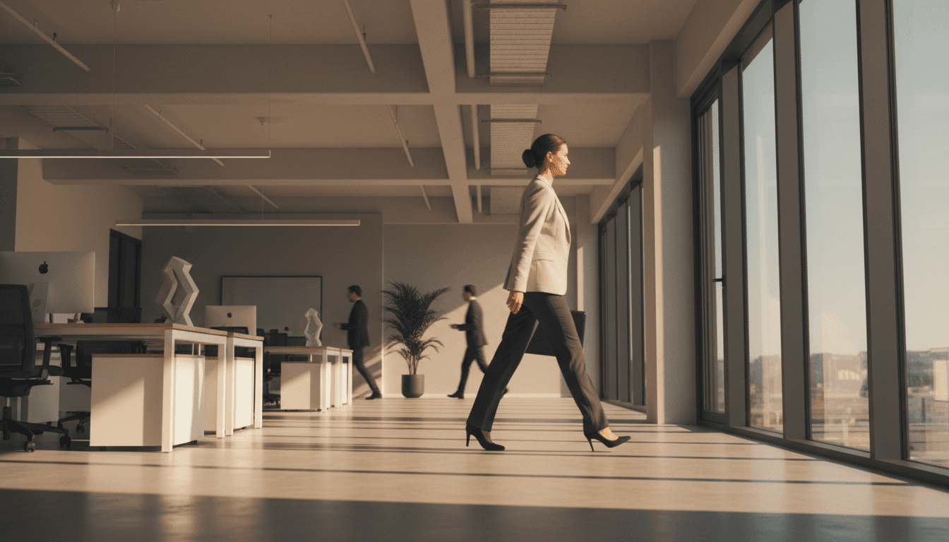 Professional in business attire walking with purpose through a modern workspace with natural light and strong architectural lines