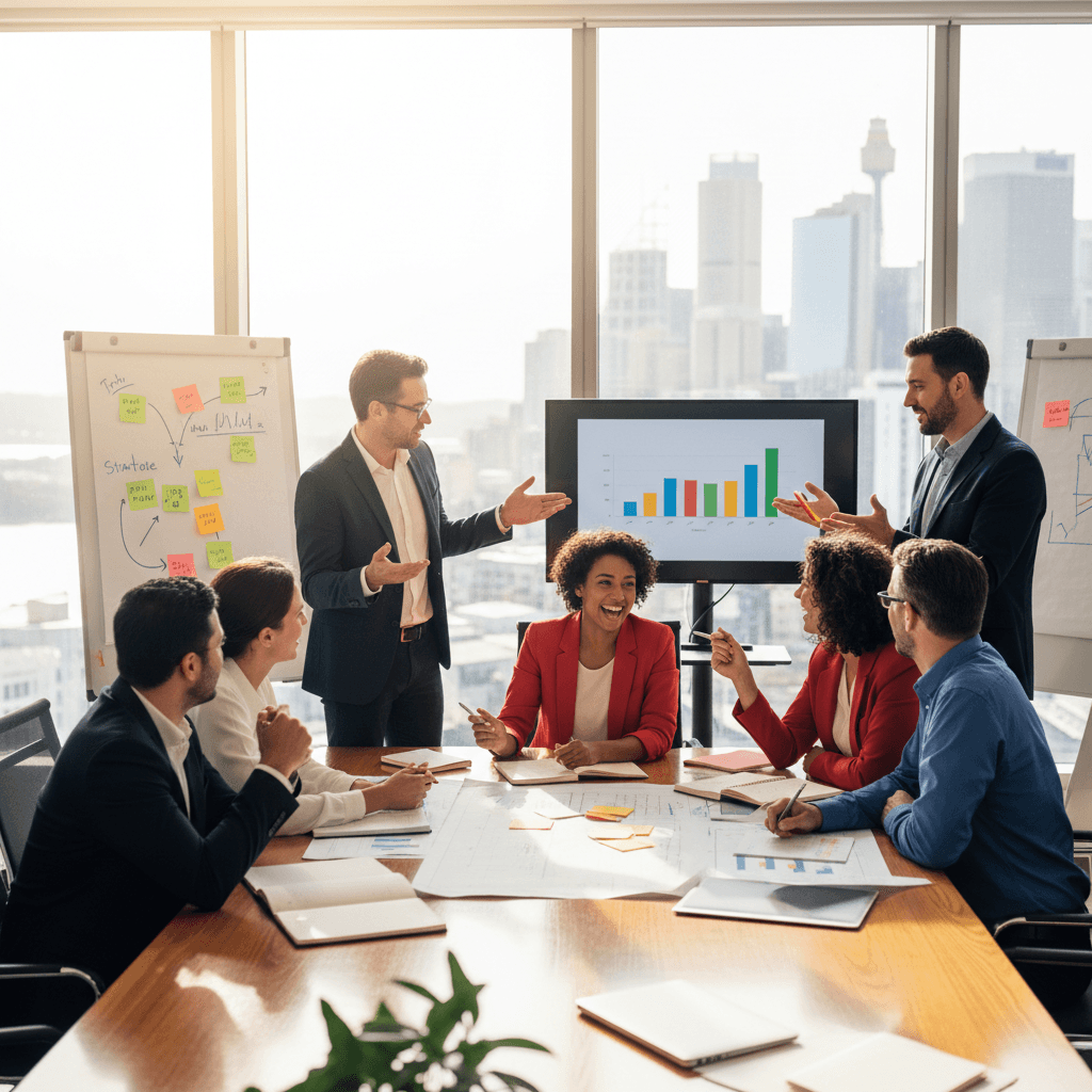 Implementation team collaborating on execution strategy and change management