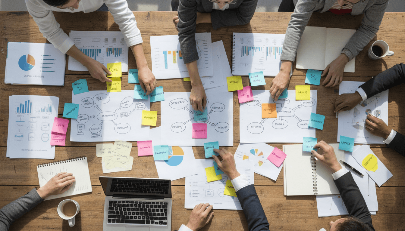 Overhead view of collaborative business planning session with colorful sticky notes, diagrams, and multiple hands