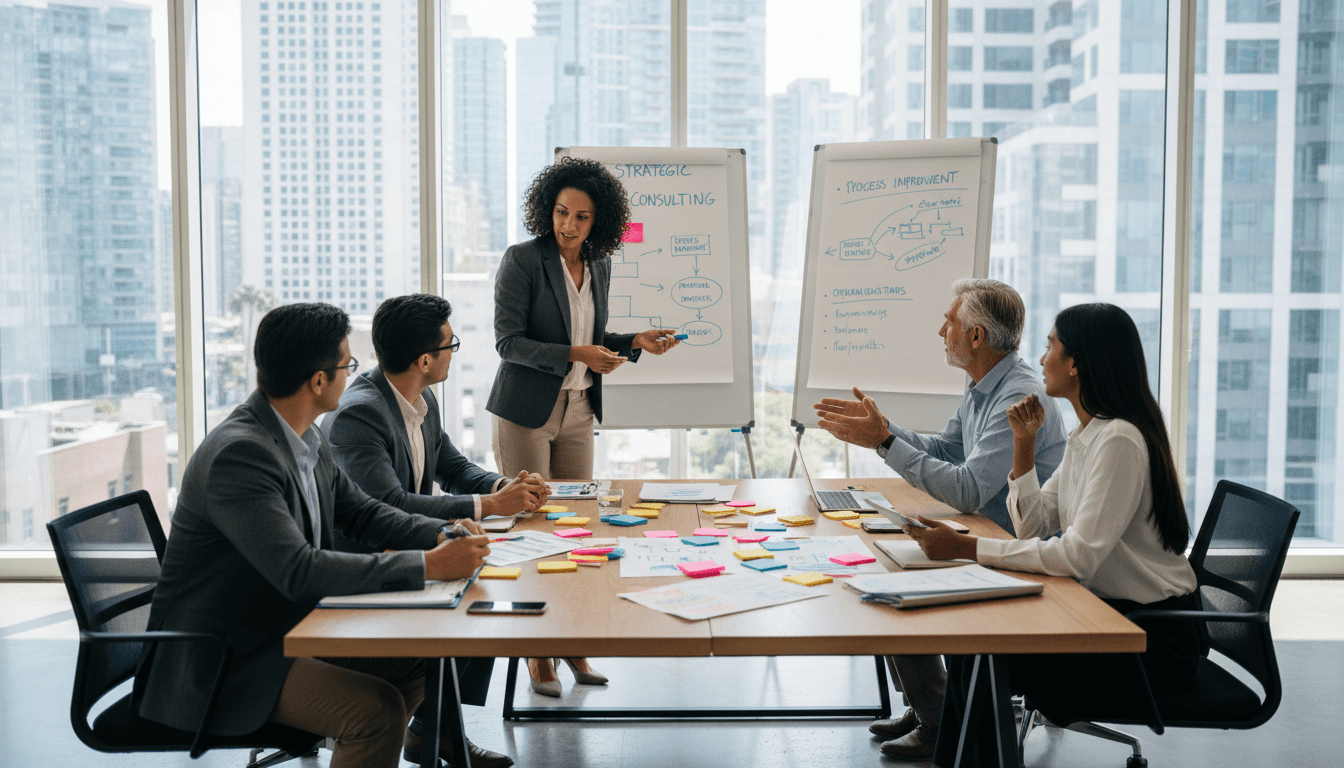 Diverse team collaborating around conference table with process maps and sticky notes during strategy workshop