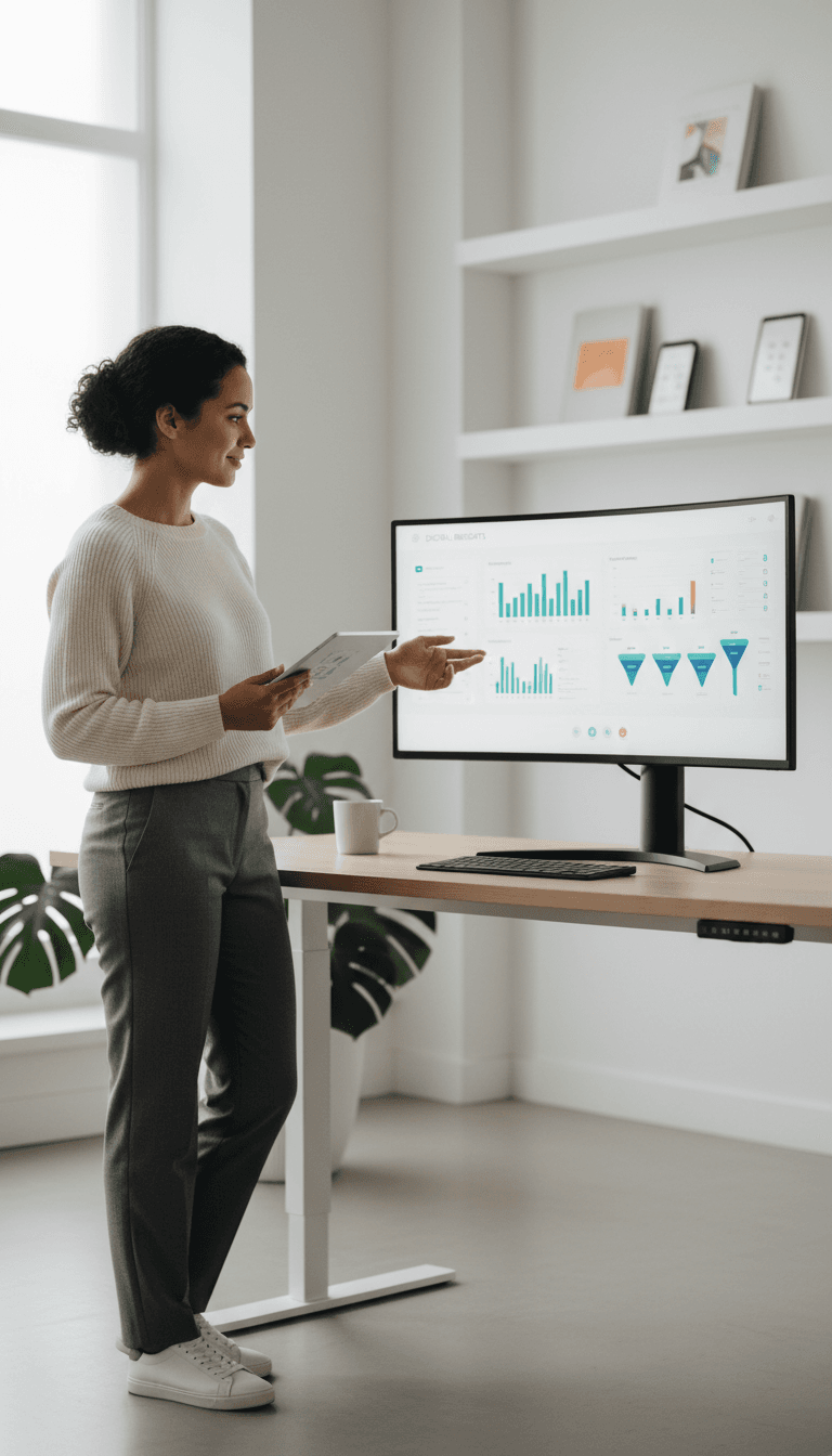 Female digital consultant reviewing analytics dashboard on monitor while holding tablet