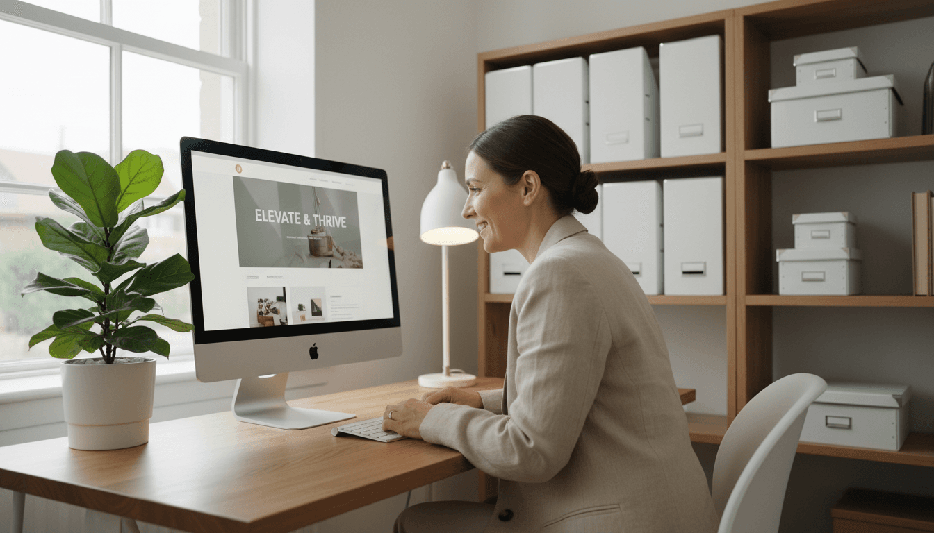 Small business owner reviewing professional website design on desktop monitor in bright home office workspace