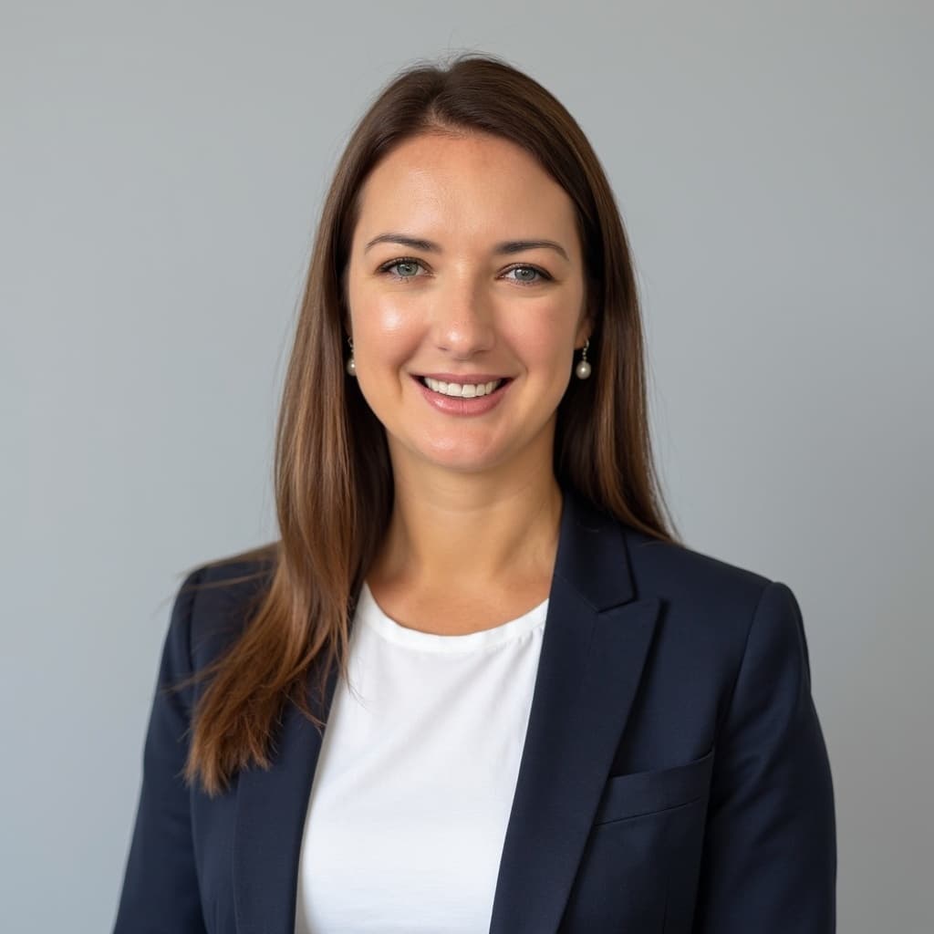 Smiling woman with long brown hair wearing a navy blazer over a white top.
